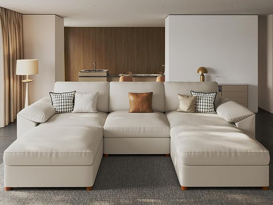 EASE MOOSE Oversized Modular Sectional Sofa,Leather Sectional Couch with Deep Seat,Extra Large U Shaped Couch,Faux Leather Material Sofa Modern Comfy Scratch Resistant,Beige