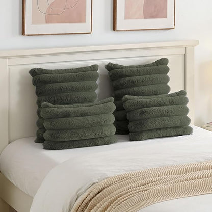 FUTEI Olive Green Decorative Throw Pillow Covers 20x20 Inch Set of 2, Square Soft Faux Rabbit Fur Big Striped Cushion Cover,Home Decor for Couch Sofa Bed Living Room