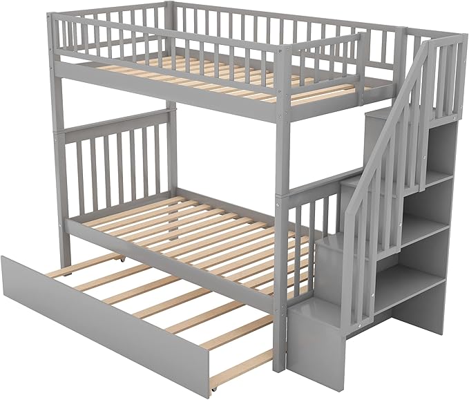 Twin-Over-Twin Bunk Bed with Trundle,Guardrail and 4 Storage Shelves,Wood Bunk-Bed W/Planked Panel Headboards & Footboards,Bedroom Furniture for Children,Teens,Adults,Gray