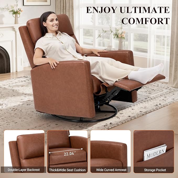 Swivel Rocking Recliner,Wide PU Leather Glider Sofa Chair with Ergonomic High Backrest for Living Room, Bedroom, Office（Cocoa）