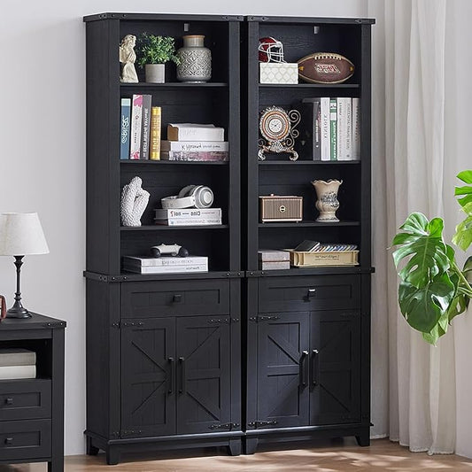72in Tall Bookshelf 7 Tier Bookcase with Drawer and Barn Doors and Adjustable Shelves, Black Farmhouse Book Shelf with Storage Cabinet, Wood Freestanding Display Bookshelves for Kitchen (2PCS)