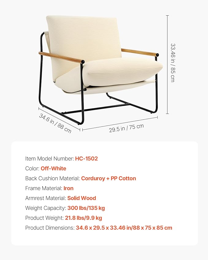 VEVOR Accent Chair, Metal Framed Chair with Wooden Armrests, Modern Cozy Upholstered Armchair, with Soft Foam Cushioning, Detachable Cushion, for Living Room, Bedroom, Reading Room, Office, Beige