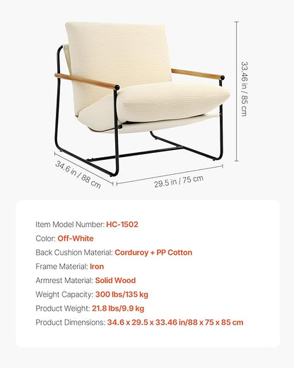 VEVOR Accent Chair, Metal Framed Chair with Wooden Armrests, Modern Cozy Upholstered Armchair, with Soft Foam Cushioning, Detachable Cushion, for Living Room, Bedroom, Reading Room, Office, Beige