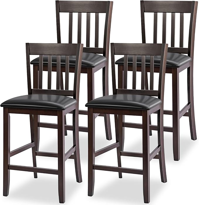 COSTWAY Counter Height Bar Stools Set of 4, 25'' Wooden Pub Chairs with PU Leather Seat, Mid Century Modern Upholstered Island Chairs for Kitchen, Living Room, Dining Room, Bar