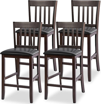 COSTWAY Counter Height Bar Stools Set of 4, 25'' Wooden Pub Chairs with PU Leather Seat, Mid Century Modern Upholstered Island Chairs for Kitchen, Living Room, Dining Room, Bar