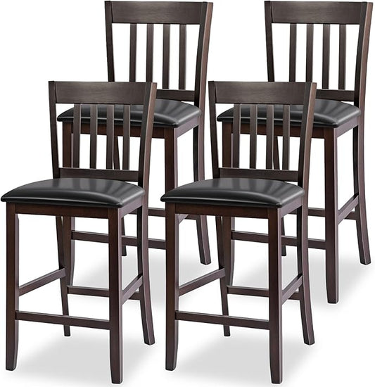 COSTWAY Counter Height Bar Stools Set of 4, 25'' Wooden Pub Chairs with PU Leather Seat, Mid Century Modern Upholstered Island Chairs for Kitchen, Living Room, Dining Room, Bar
