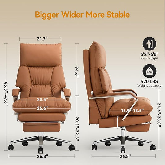 M80A Dual Motor Electric Executive Office Chair with Footrest, Comfortable Reclining Office Chair Wide Seat, Big and Tall Ergonomic Leather Home Office Desk Chair (Brown, Manual)