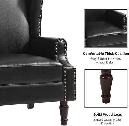 Accent Chair, Upholstered High Back Armchair with Nailhead Trim & Wood Legs, Comfy Wingback Reading Single Sofa Chair for Small Spaces, Living Room, Bedroom, Leather Black, Set of 2