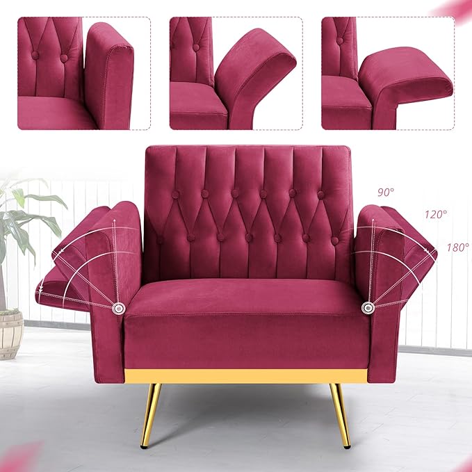 Velvet Accent Chair with Adjustable Armrests and Backrest, Button Tufted Lounge Chair, Single Recliner Armchair with Ottoman and Pillow for Living Room, Bedroom, Fuchsia