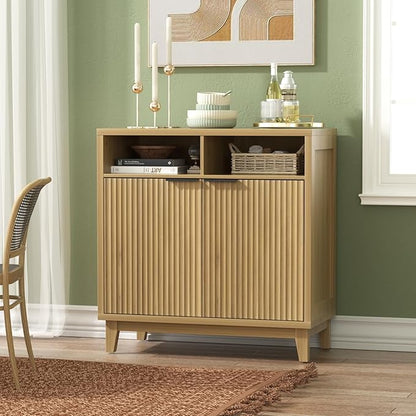 Buffet Cabinet with Storage - Elegant Fluted Storage Cabinet with Adjustable Shelves and Solid Wood Leg, Modern Buffet Sideboard for Living Room, Dining Room, Entryway