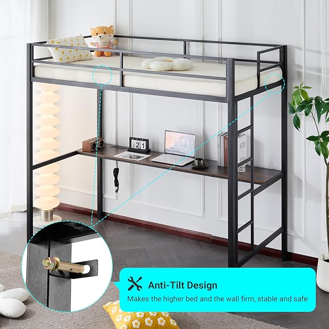 Karl home Twin Metal Loft Bed with Desk, with Power Outlet and LED Lighted, Safety Guardrail & Ladder, Space Saving, No Noise, No Box Spring Needed, Black&Brown
