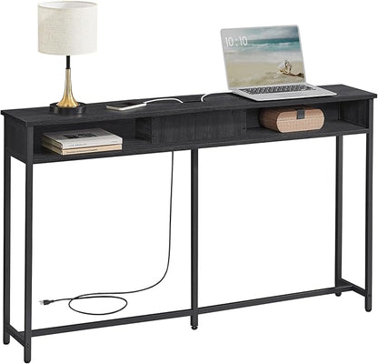 VASAGLE 55.1-Inch Console Table with Outlet and Shelves, Sofa Table with Charging Station, Behind Couch Table Skinny, Entryway Table for Hallway, Living Room, Charcoal Gray and Ink Black ULNT120B22