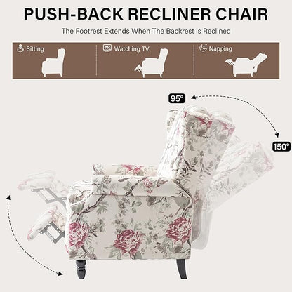UIXE Pushback Floral Recliner Chair, Fabric Upholstered Armchair Push Back Accent Chair for Living Room, Rivet Trim Club Chair Home Theater Single Sofa Reading Seat - Beige Floral