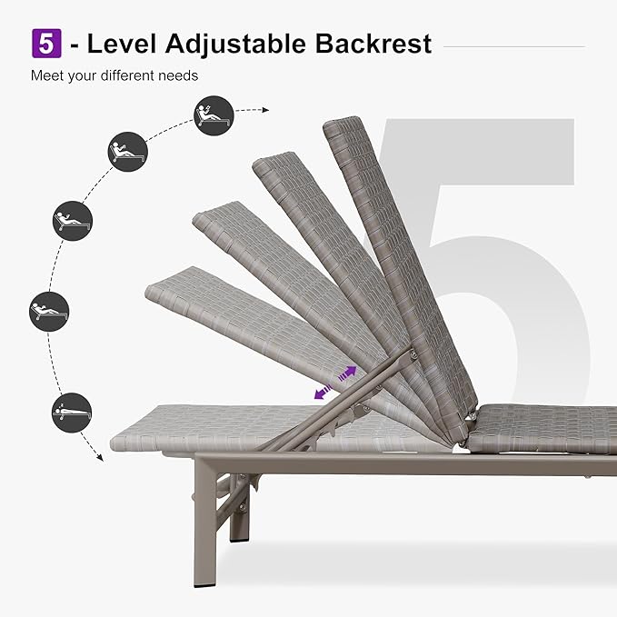 PURPLE LEAF Patio Oversized Chaise Lounge Rattan Chair Set of 2 Outdoor Pool Adjustable Recliner Wicker Chairs for Outside Woven Furniture Tanning Poolside Lounger Slate Gray