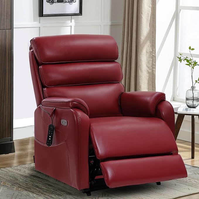 EONIX Dual Motor Lay Flat Power Lift Recliner Chair for Elderly, Breathable Faux Leather Electric Lift Chairs for Adults, 400lbs Heavy Duty Power Recliner with Heat and Massage, SLRY003061, Burgundy