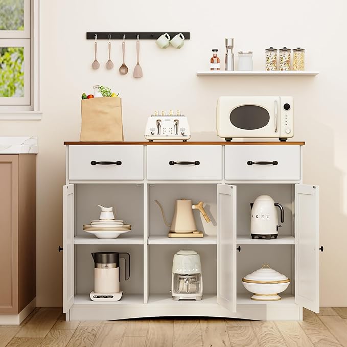 Gizoon Farmhouse Sideboard Buffet Cabinet, 42.5'' Kitchen Storage Cabinets with 3 Drawers and Barn Doors, Wood Coffee Bar Cabinet with Adjustable Shelf for Kitchen, Dining Room, Living Room, Retro
