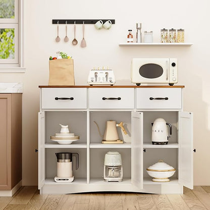 Gizoon Farmhouse Sideboard Buffet Cabinet, 42.5'' Kitchen Storage Cabinets with 3 Drawers and Barn Doors, Wood Coffee Bar Cabinet with Adjustable Shelf for Kitchen, Dining Room, Living Room, Retro