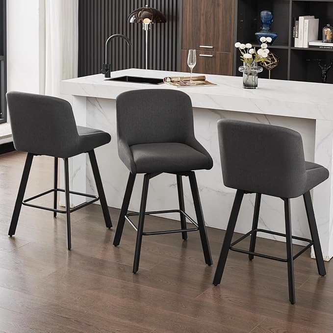 Swivel Counter Height Bar Stools Set of 6, 26''H Upholstered Barstools with Backs, Modern Bar Stool Chairs for Kitchen Island, Metal Legs, Fabric, Black Grey Stools Counter Chair