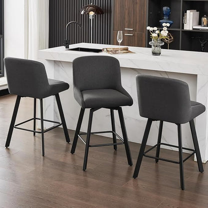 Swivel Counter Height Bar Stools Set of 6, 26''H Upholstered Barstools with Backs, Modern Bar Stool Chairs for Kitchen Island, Metal Legs, Fabric, Black Grey Stools Counter Chair