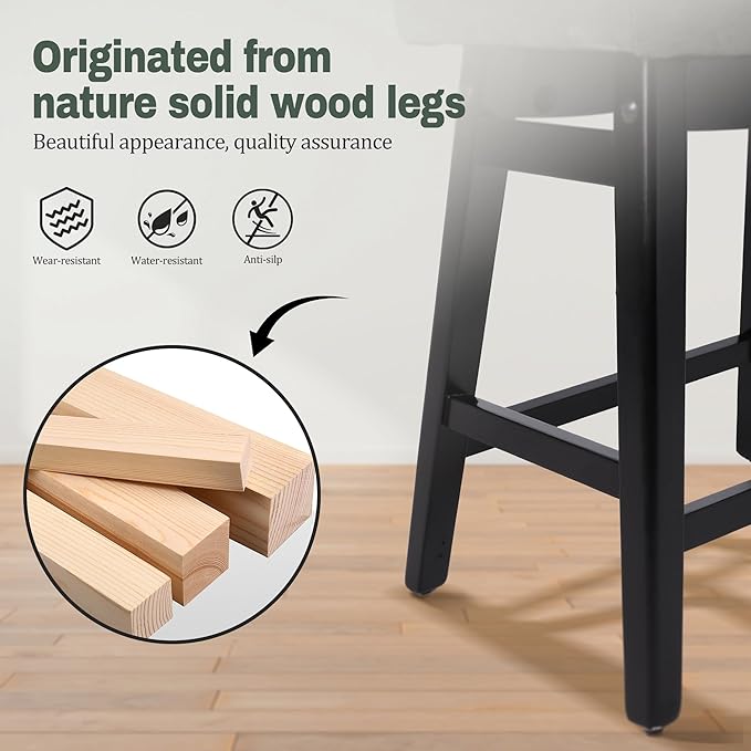 Counter Height Bar Stools Set of 2 for Kitchen Counter Farmhouse Modern Barstools with Faux Leather Upholstered Backless Seat and Solid Wood Legs 24 inch Bar Chairs, Grey + Black