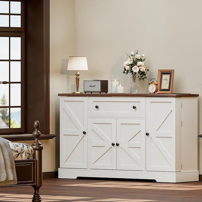 55.1" Buffet Cabinet with Storage, Charging Station, Modern Kitchen Buffet Sideboard with Drawer, White Wood Coffee Bar with Adjustable Shelves & Spice Rack, Kitchen Storage Cabinet for Living Room