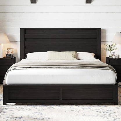 AMERLIFE Farmhouse King Size Bed Frame with 49" Fluted Headboard, Wood Platform Bed with Natural Grain, No Box Spring Needed/Noise Free, Black