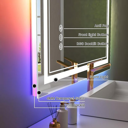 32x36 inch LED Bathroom Mirror with RGB Lights Color Changing Backlit Mirror Shatterproof Dimmable Anti-Fog Lighted Vanity Mirror (RGB Multicolor Backlit + Adjustable Front-Lighted)