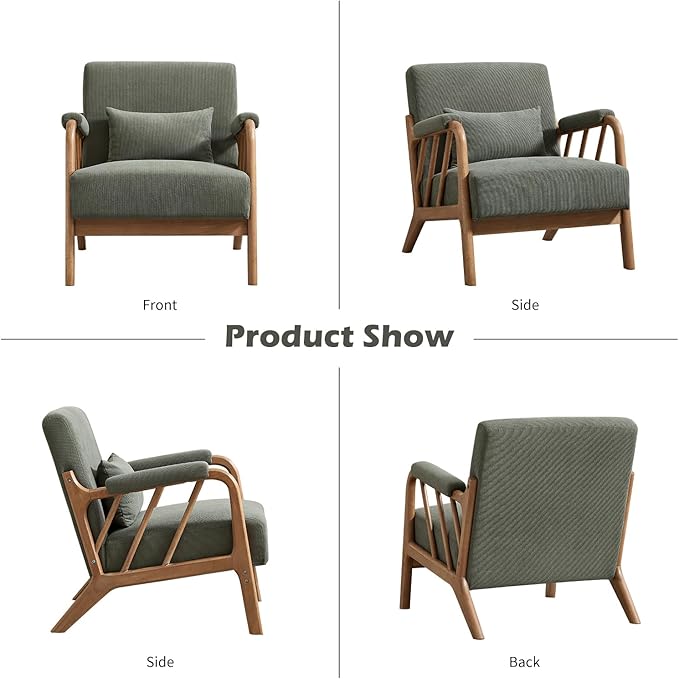 Mid Century Modern Accent Chair with Solid Wood Frame, Upholstered Living Room Chairs with Lumbar Cushion Padded Arms, Reading Armchair for Bedroom (1, Green)