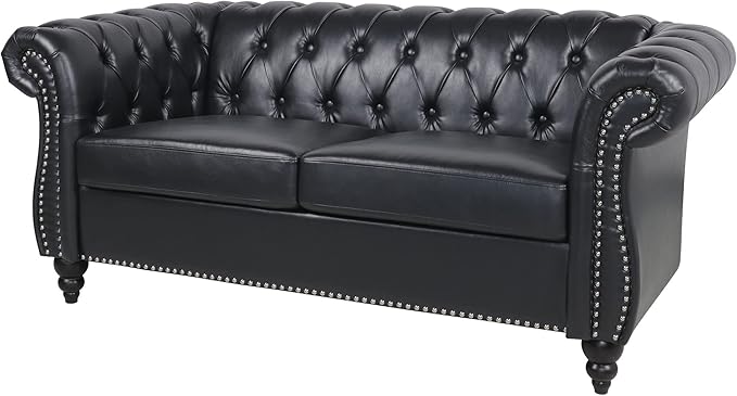 LEVNARY Leather Sofa, Chesterfield Tufted Upholstered 2 Seater Couch, Modern Loveseat Couch Classic Furniture for Living Room Bedroom (Black)
