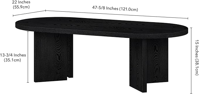 Henn&Hart 48" Oval Wood Low-Profile Coffee Table for Living Room, Family Room or Office, Black Grain