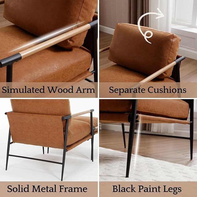 LukeAlon Mid-Century PU Leather Accent Chairs with Ottoman Set of 2, Soft Living Room Chairs with Metal Legs Modern Upholstered Armchairs Lounge Chair with Footstool for Bedroom Reading Room, Brown