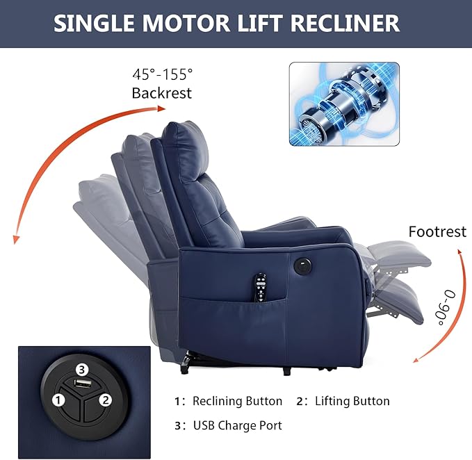 PELUMY Manual Lift Recliner Chair with Massage and Heat for Elderly, Single Motor Electric Lift Chair, Heavy Duty Recliner with USB Charging & Side Pockets (Breathable Leather, Dark Blue)