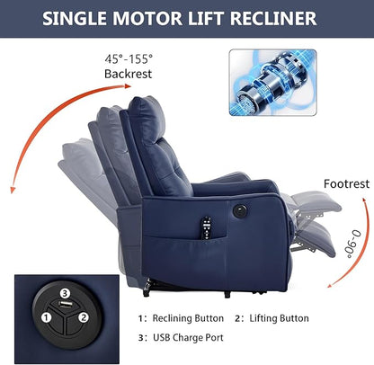 PELUMY Manual Lift Recliner Chair with Massage and Heat for Elderly, Single Motor Electric Lift Chair, Heavy Duty Recliner with USB Charging & Side Pockets (Breathable Leather, Dark Blue)