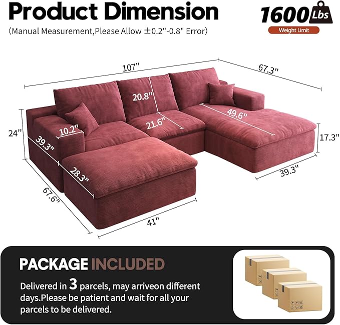 107'' U-Shaped Modern Modular Sectional Cloud Couch Whit Ottoman, 4-Seat Chenille Deep-Seat Sofa with Pillow for Living Room, Bedroom, Apartment, Wine Red