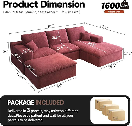 107'' U-Shaped Modern Modular Sectional Cloud Couch Whit Ottoman, 4-Seat Chenille Deep-Seat Sofa with Pillow for Living Room, Bedroom, Apartment, Wine Red