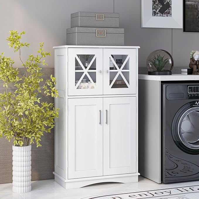 Tangkula Freestanding Floor Cabinet w/2 Glass Doors, 3-Level Adjustable Shelves, Anti-toppling, Kitchen Pantry Cupboard for Bathroom & Living Room (White)