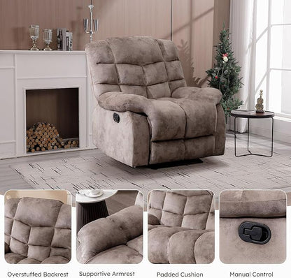 EBELLO Manual Recliner Chair, Overstuffed Reclining Sofa with Soft Padded Headrest and Armrest, Soft Fabric Single Couch for Living Room, Light Brown