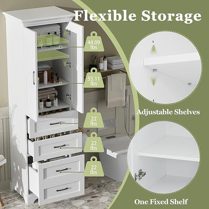 Tall Freestanding Storage Cabinet with 2 Doors & 3 Drawers, Multi-Purpose Organizer with Adjustable Shelf for Bathroom, Office, Living Room, White