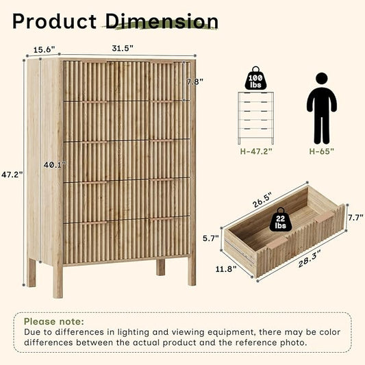 47" Tall Dressers for Bedroom Fluted 5 Drawer Dresser, Wooden Dresser Modern Chest of Drawers Dressers with Organizer Storage for Bedroom, Living Room, Entryway, Oak