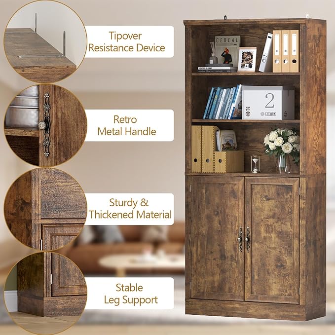 72'' Tall Bookcase with Doors, Adjustable Shelves, P2 MDF Construction, 32'' Wide Freestanding Cabinet with Metal Handles, Hidden Storage for Living Room, Bedroom, Brown