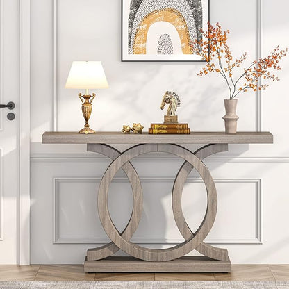 Tribesigns 55 inches Console Table with Geometric Base, Farmhouse Hallway Table, Wooden Entryway Sofa Table, Unique Long Accent Table for Decoration and Organization (Grey)