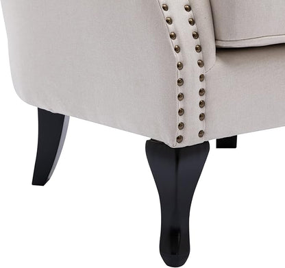 Mid Century Modern Accent Chair Upholstered Armchair Comfy Linen Fabric Single Sofa with Tufted Wingback for Small Spaces Bedroom Living Room, Beige