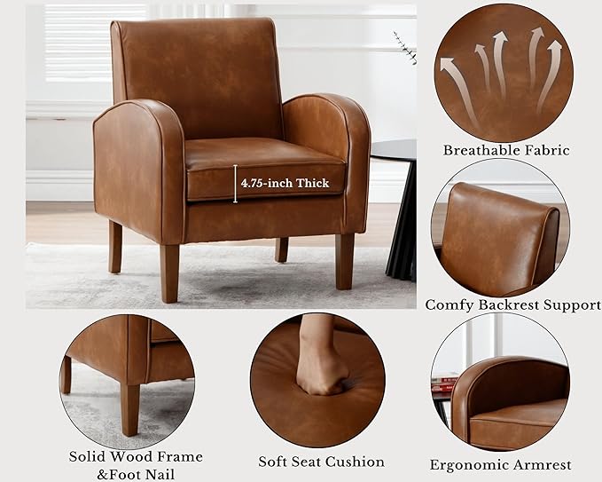 Brown Faux Leather Accent Chair Set of 1, Mid Century Modern Upholstered Arm Chair with Wooden Legs, Comfy Reception Office Club Reading Chairs Side Lounge Chairs for Living Room Bedroom