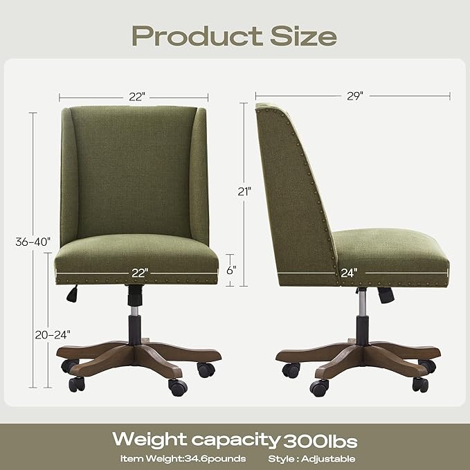 Upholstered Armless Office Chair with Wooden Legs, Modern Adjustable Home Office Desk Chair Computer Chair Swivel Chair for Home Office Study Studio (Green)