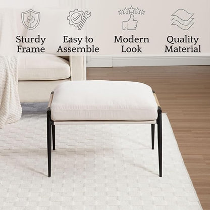 LukeAlon Upholstered Chenille Footstool, Modern Ottoman Footrest Small Shoe Stool with Black Metal Legs Mid Century Vanity Stool with Wooden Armrests for Living Room Entrance Cushion Removable, Beige