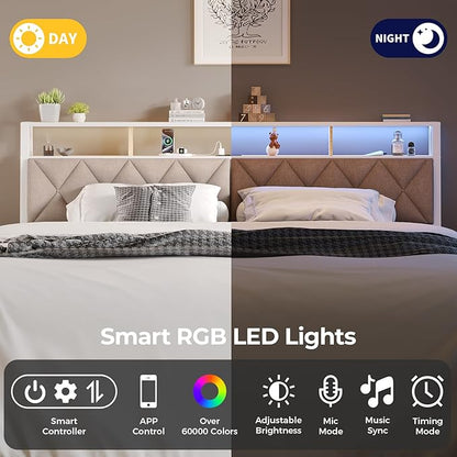 Queen Headboard Only, Headboard for Queen Size Bed with Storage, Upholstered Headboards with LED Lights & Charging Station, Attach Frame, Ideal for Bedroom/Dorm/Guest Room, White & Beige