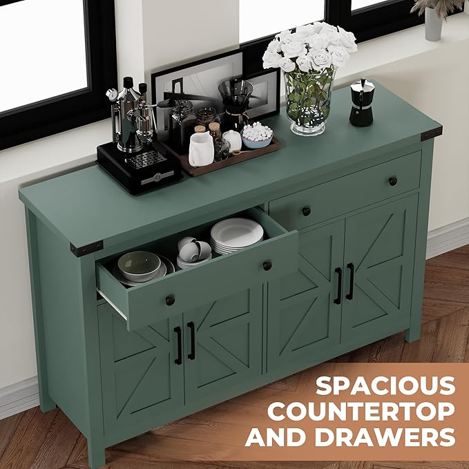 Buffet Cabinet with Storage Farmhouse with 4 Doors and 2 Drawers, 55'' Large Kitchen Storage Cabinet Green Wood Coffee Bar Buffet Sideboard for Kitchen, Dining Room, Living Room
