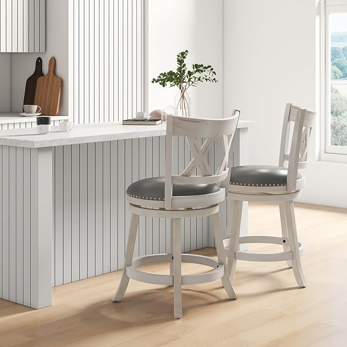 COSTWAY Bar Stool Set of 2 for Kitchen Island, 25.5” Swivel Armless Counter Height Stools with 20'' Wider Padded Seat, Ergonomic Curved Backrest, Rubber Wood Frame (2, Antique White + Gray)
