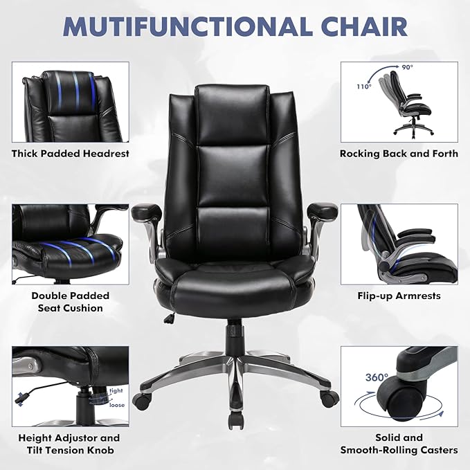 COLAMY Leather Executive Office Chair - High Back Home Computer Desk Chair with Padded Flip-up Arms, Adjustable Tilt Lock, Swivel Rolling Ergonomic Chair for Adult Working Study, Black