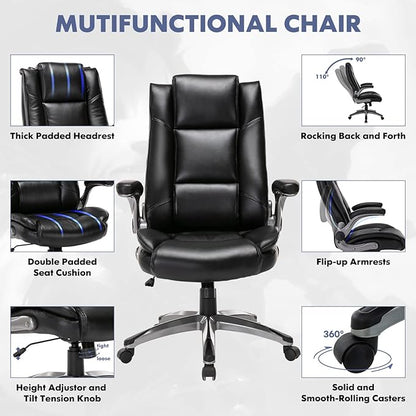 COLAMY Leather Executive Office Chair - High Back Home Computer Desk Chair with Padded Flip-up Arms, Adjustable Tilt Lock, Swivel Rolling Ergonomic Chair for Adult Working Study, Black
